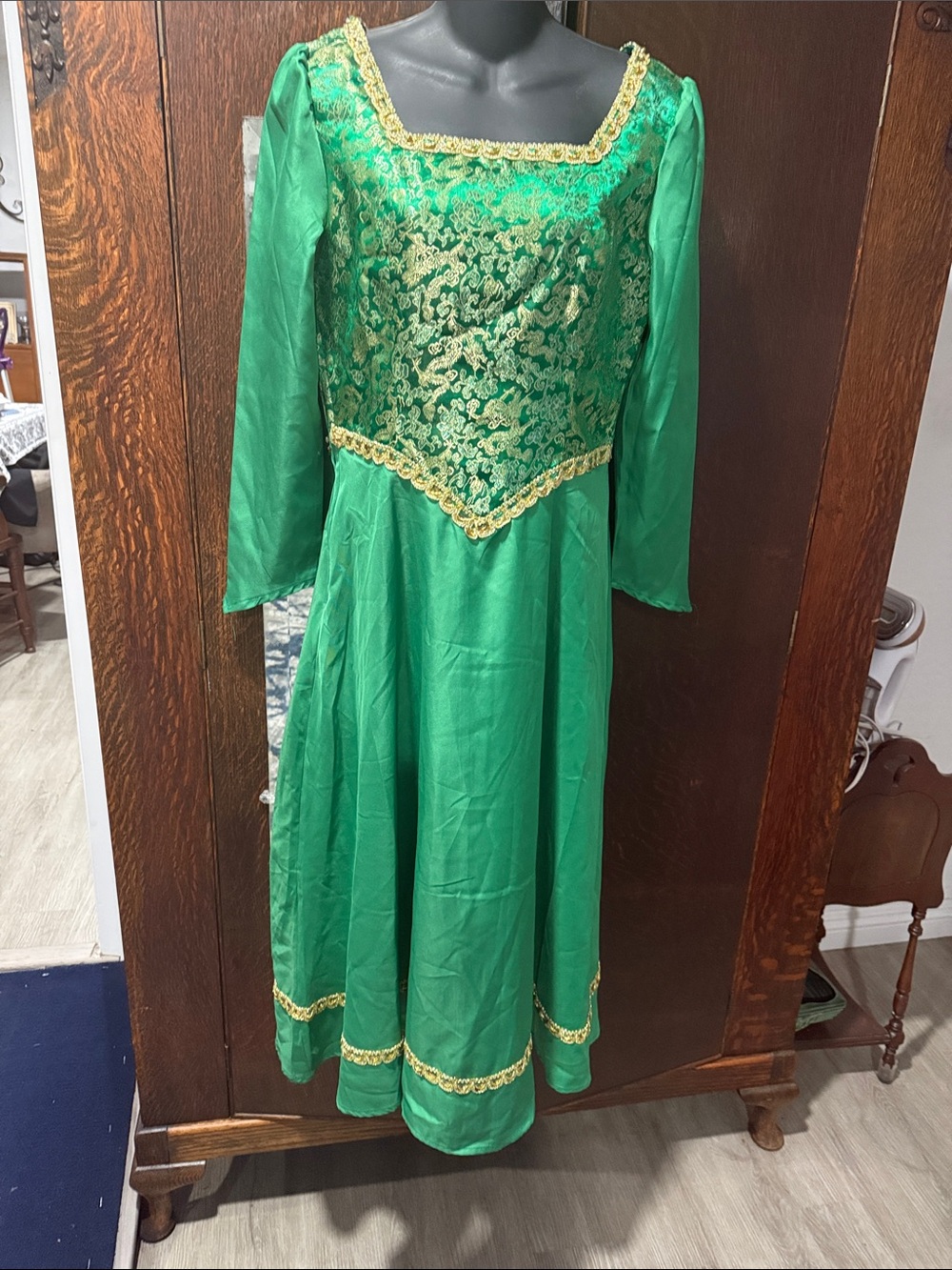 Fiona Green Empire Waist Medieval Style Dress with Gold Trim